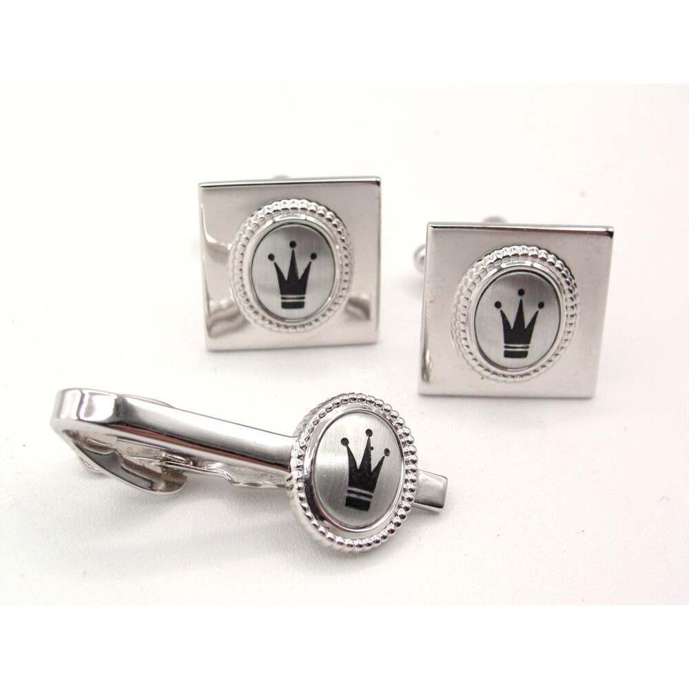 Vintage Royal Crown Cufflinks Tie Bar Set Silver Tone MCM Heraldic Dapper Regal